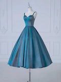 Kukombo valentines day outfits A-Line Sweetheart Neck Satin Tea Length Blue Prom Dress, Blue Formal Dress ED0576