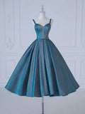 Kukombo valentines day outfits A-Line Sweetheart Neck Satin Tea Length Blue Prom Dress, Blue Formal Dress ED0576