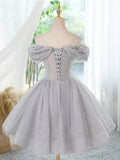 Kukombo valentines day outfits A-Line Off Shoulder Tulle Lace Sequin Gray Short Prom Dress with Beads ED0579