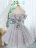 Kukombo valentines day outfits A-Line Off Shoulder Tulle Lace Sequin Gray Short Prom Dress with Beads ED0579