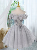 Kukombo valentines day outfits A-Line Off Shoulder Tulle Lace Sequin Gray Short Prom Dress with Beads ED0579