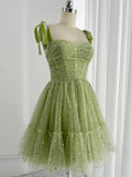 Kukombo valentines day outfits A-Line Tulle Green Short Prom Dress, Cute Green Homecoming Dress ED0581