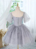 Kukombo valentines day outfits A-Line Tulle Lace Gray Short Prom Dress, Cute Gray Homecoming Dress ED0582