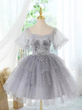 Kukombo valentines day outfits A-Line Tulle Lace Gray Short Prom Dress, Cute Gray Homecoming Dress ED0582