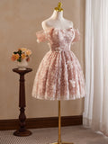 Kukombo valentines day outfits A-Line Off Shoulder Tulle Lace Pink Short Prom Dress, Pink Homecoming Dress ED0606