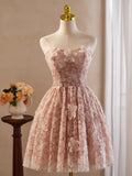 Kukombo valentines day outfits A-Line Off Shoulder Tulle Lace Pink Short Prom Dress, Pink Homecoming Dress ED0606