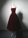 Kukombo valentines day outfits A-Line Velvet Tea Length Burgundy Prom Dress, Burgundy Cocktail Dress ED0611