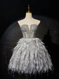 Kukombo valentines day outfits Gray Sweetheart Neck Tulle Beads Feather Short Prom Dress, Cute Gray Homecoming Dress ED0613