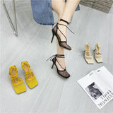 Kukombo Sexy Mesh Pumps Sandals Female Square Toe High Heel Lace Up Cross-Tied Stiletto Hollow Dress Shoes Zapatos Mujer