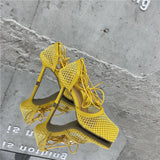 Kukombo Sexy Mesh Pumps Sandals Female Square Toe High Heel Lace Up Cross-Tied Stiletto Hollow Dress Shoes Zapatos Mujer