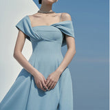 outfit Niche 2024 Elegant Slim-Fit Irregular Shoulder Strap Dress Haze Blue Oblique Shoulder Dress 1142