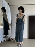 Kukombo [Fresh Salt Series] Age-reducing College Style Denim Overalls Skirt Women Adjustable Retro Blue Dress 6001