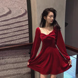 leapord halloween outfit French Style Dress New Year Clothes Women's Battle Dress Hepburn Style Velvet Dress Red Retro Square Collar Bottoming Dress