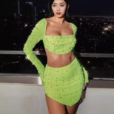 birthday outfit Fy396 Knitted Beaded Square Collar Long-Sleeved Top Skirt Suit Spring Women's Sexy Navel Skirt for Women