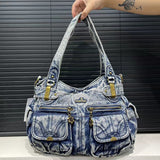 2000s fashion Women's Vintage Denim Washed Denim Tote Bag Multi-Pocket Hot Girl Fashion Shoulder Messenger Bag