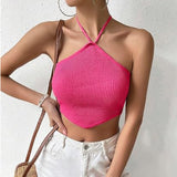 2024 new European and American sexy hot girl women's clothing temperament short backless halter neck lace-up knitted vest top for women