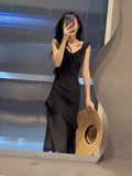 Kukombo Sexy Sheath V Neckline Ruffled Black Chiffon Beach Dress Women's Vacation Dresses