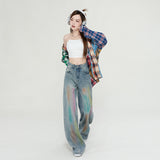 Kukombo American retro rainbow graffiti rubbed color wide-leg jeans women 2024 summer new mopping pants