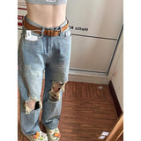 cowgirl outfits American Retro Distressed Ripped Jeans Women's Autumn 2024 High Waist Loose Slimming Straight Wide Leg Trousers