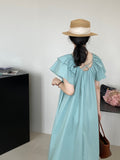 Kukombo [Ice Mint] Long Simple Solid Color Dress Women's Double-Layer Flying Sleeve Waist Covering Flesh Skirt 297