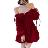 leapord Christmas outfit Atmosphere-Feeling Shirt Ankela Red Velvet Halter Dress Women's Autumn and Winter Waist-Tight High-Grade Dress Pettiskirt