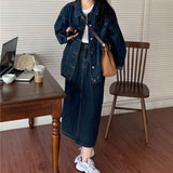 senior jeans Retro Denim Coat + Skirt Suit Spring and Autumn New Hong Kong Style Chic Niche Coat Fried Street Long Sleeve Women's Clothing