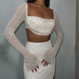 birthday outfit Fy396 Knitted Beaded Square Collar Long-Sleeved Top Skirt Suit Spring Women's Sexy Navel Skirt for Women