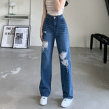 Kukombo joker costume female outfit Blue Ripped Jeans Women's Summer High Waist Slimming Straight Pants Loose Wide Leg Mopping Pants Fashion