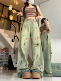 retro ink-splashed hole jeans women's spring new design high street vibe low waist wide leg pants