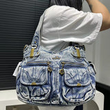 2000s fashion Women's Vintage Denim Washed Denim Tote Bag Multi-Pocket Hot Girl Fashion Shoulder Messenger Bag