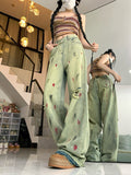 retro ink-splashed hole jeans women's spring new design high street vibe low waist wide leg pants