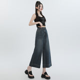 Kukombo cool lyocell tencel nine-point pants 2024 summer new high waist versatile wide-leg jeans