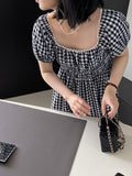 Kukombo You look really good today Waisted plaid slim dress female lace splicing short-sleeved long dress 6037