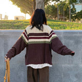 college outfits Soft Glutinous Vintage Twist Striped Zipper Sweater Cardigan Women's Autumn Loose Long Sleeve Lapel Sweater Coat