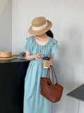 Kukombo [Ice Mint] Long Simple Solid Color Dress Women's Double-Layer Flying Sleeve Waist Covering Flesh Skirt 297