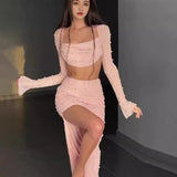 birthday outfit Fy396 Knitted Beaded Square Collar Long-Sleeved Top Skirt Suit Spring Women's Sexy Navel Skirt for Women