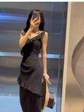 Kukombo Sexy Sheath V Neckline Ruffled Black Chiffon Beach Dress Women's Vacation Dresses