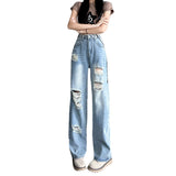 joker costume female outfit Ripped Jeans Women's Light-Colored Wide-Leg Pants High Waist Loose Spring and Summer Cropped Straight Loose Pear-Shaped Pants