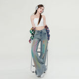 Kukombo American retro rainbow graffiti rubbed color wide-leg jeans women 2024 summer new mopping pants