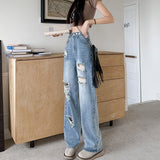 joker costume female outfit Ripped Jeans Women's Light-Colored Wide-Leg Pants High Waist Loose Spring and Summer Cropped Straight Loose Pear-Shaped Pants