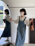 Kukombo [Fresh Salt Series] Age-reducing College Style Denim Overalls Skirt Women Adjustable Retro Blue Dress 6001