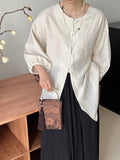 Kukombo wants this breathable feeling~ Linen waist shirt women's three-quarter lantern sleeve commuter shirt 6000