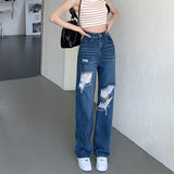 joker costume female outfit Blue Ripped Jeans Women's Summer High Waist Slimming Straight Pants Loose Wide Leg Mopping Pants Fashion