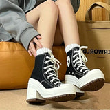 outfit ideas for school Women's Canvas Shoes 2024 New Retro High Heel Chunky Heel High-Top round Toe Lace-up Platform Height Increasing Platform White Shoes