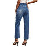 fashion outfits Women's New All-Match Washed Ripped Straight Denim Cropped Pants Fashion