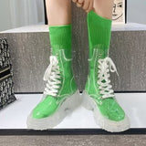 shoes Transparent Boots for Women Autumn New round Toe Thick Bottom Front Lace-up Mid-Calf plus Size 414243 with Jelly Socks