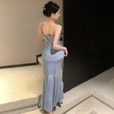 Kukombo aquatic dress to impress Sexy Rhinestone Sling Swing Collar Slim Sheath Fishtail Dress Women