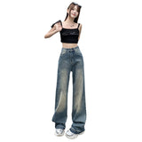 2024 new retro blue high waist loose wide leg drape mopping all-match straight jeans