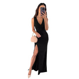 prom dresses Women's Solid Color Sexy Slim V-neck Sleeveless Split Dress