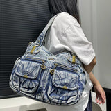 2000s fashion Women's Vintage Denim Washed Denim Tote Bag Multi-Pocket Hot Girl Fashion Shoulder Messenger Bag